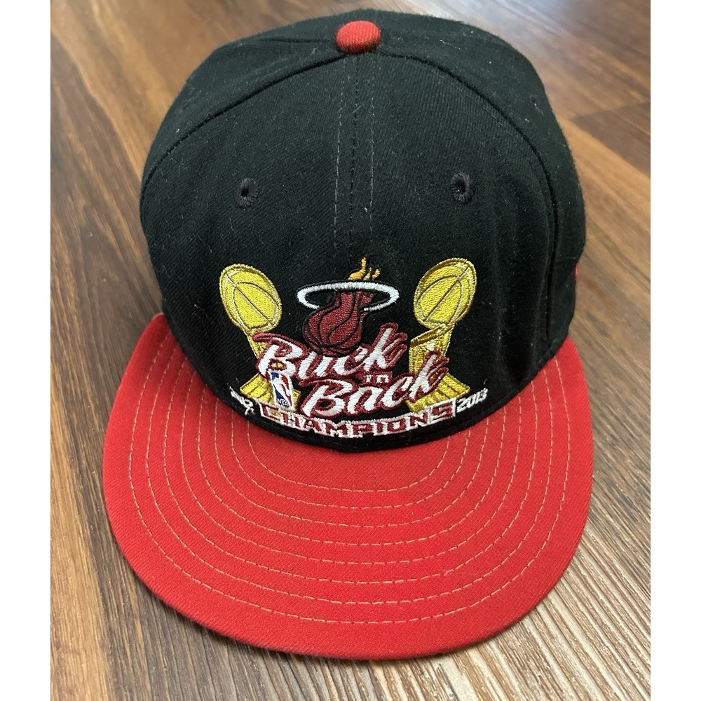 Miami Heat Back To Back Champions 2012-2013 Hat New Era 59Fifty 7 1/8‎ Black Red - Picture 3 of 14